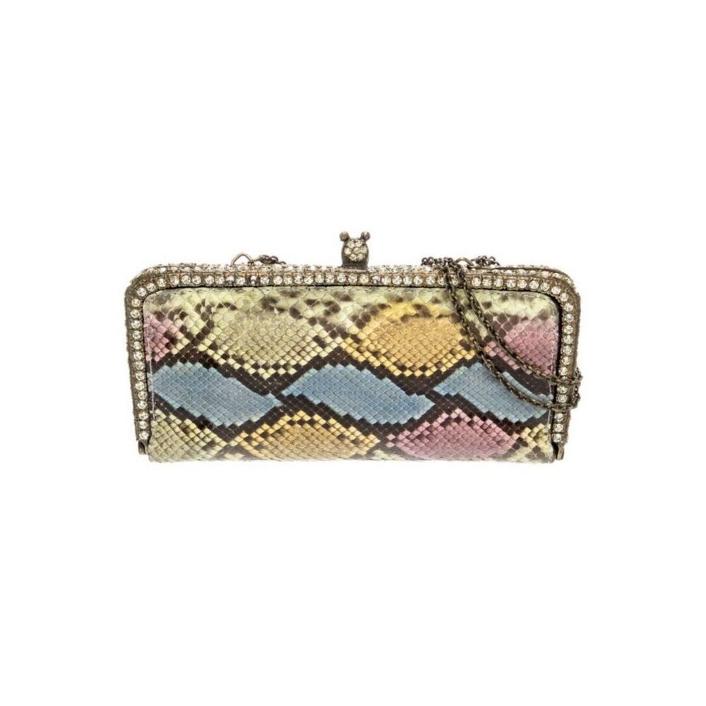 Clara Kasavina Authentic Yellow Blue Pink Rhinestone Snakeskin Handbag Clutch